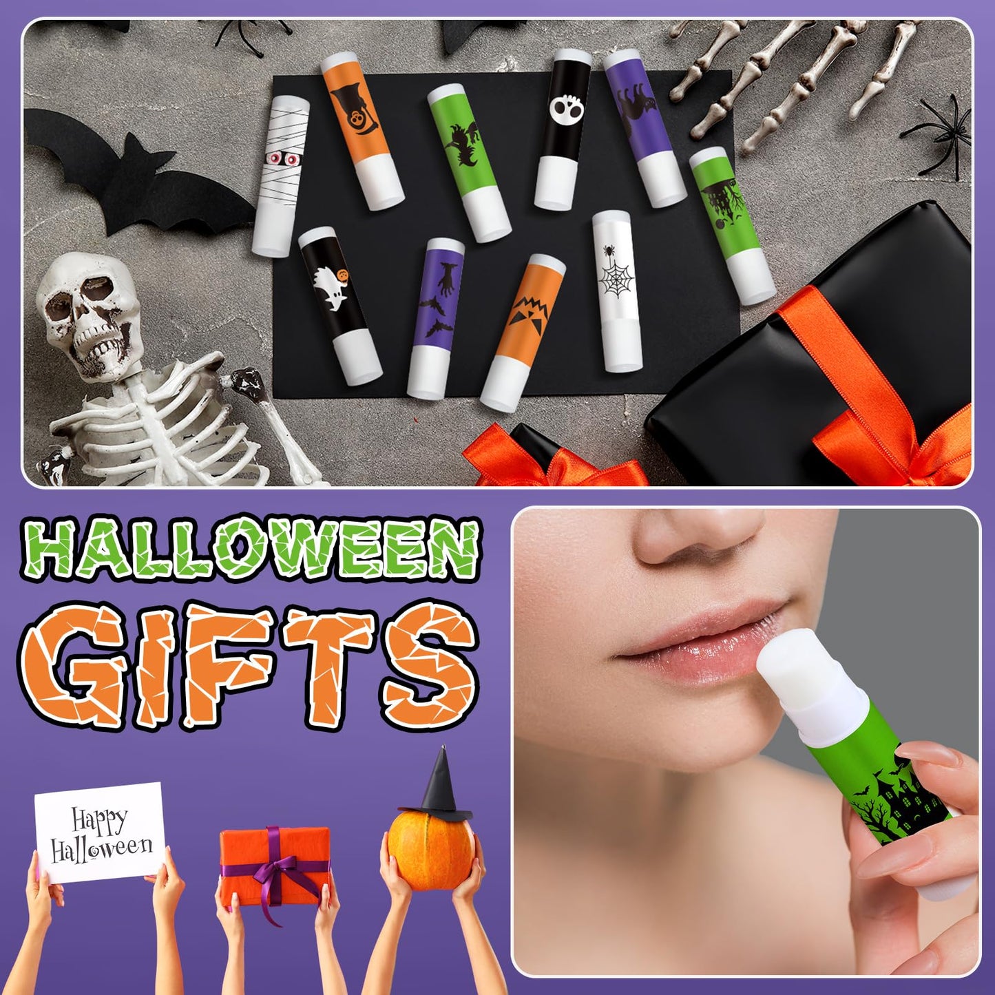 Siifert 20 Pcs Halloween Lip Balm Gifts Bulk Mummy Witch Ghost Black Cat Skull Lip Balm Favors 10 Styles Honey Flavor Spooky Party Supplies Halloween Treat Goodie Bag Stuffers for Adults Women Men