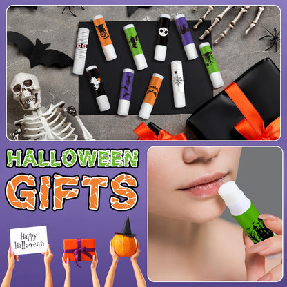Siifert 20 Pcs Halloween Lip Balm Gifts Bulk Mummy Witch Ghost Black Cat Skull Lip Balm Favors 10 Styles Honey Flavor Spooky Party Supplies Halloween Treat Goodie Bag Stuffers for Adults Women Men