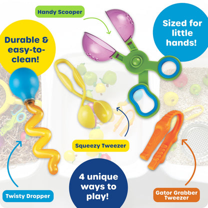 Learning Resources Helping Hands Fine Motor Tool Set Toy - Sensory Bin Sand Toys, Montessori, Plastic Tweezers, Therapy Games For Toddler, Homeschool Preschool Supplies