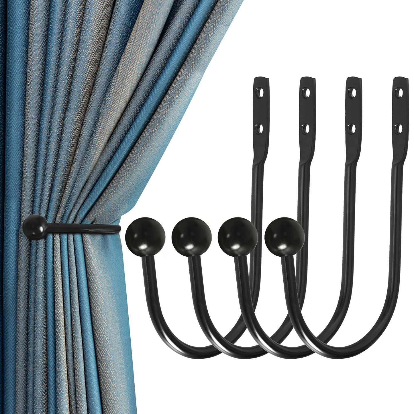 Curtain Holdback, 4 Pcs Wall Mounted Drapery Tiebacks with Screws, Heavy Duty Metal Decorative Window Drapery Holder Curtain Hook, Black
