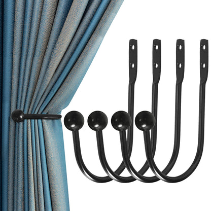 Curtain Holdback, 4 Pcs Wall Mounted Drapery Tiebacks with Screws, Heavy Duty Metal Decorative Window Drapery Holder Curtain Hook, Black