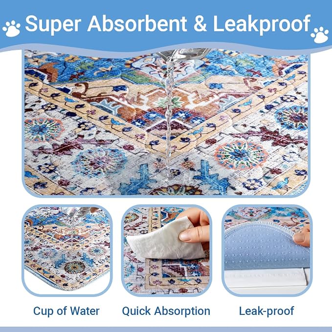 Washable Dog Pee Pads - 2 Pack， 48x36 Inch Large Reusable Absorbent Waterproof Puppy Potty Training Pads, Non-Slip Leakproof Whelping Pet Boho Mat for Crate, Playpen， Kennel & Indoors