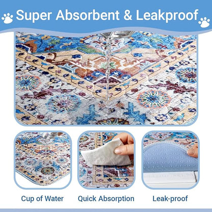 Washable Dog Pee Pads - 2 Pack， 48x36 Inch Large Reusable Absorbent Waterproof Puppy Potty Training Pads, Non-Slip Leakproof Whelping Pet Boho Mat for Crate, Playpen， Kennel & Indoors