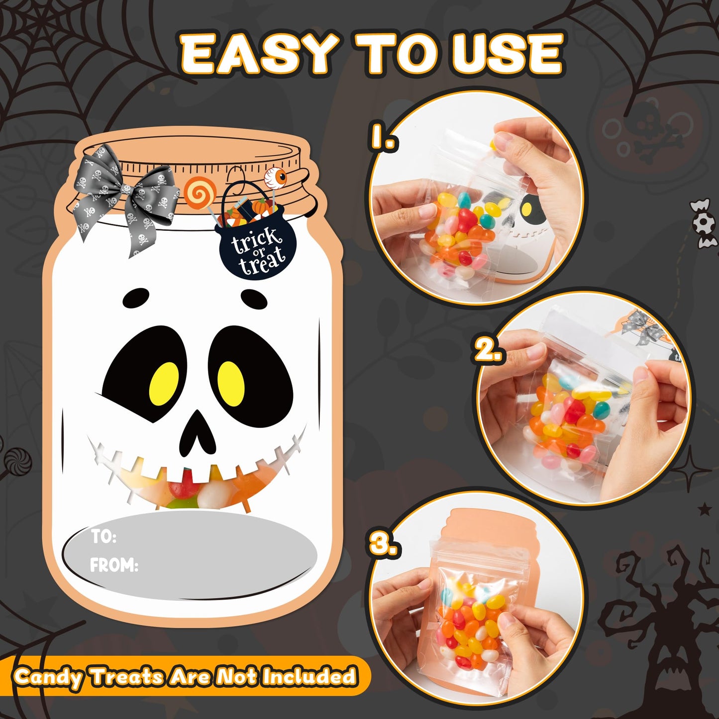 TICIAGA 48set Halloween Treat Bag Fillers with Gift Cards Happy Halloween Mason Jar Candy Holder for Kids DIY Halloween Skull Black Cat Candy Card Gifts Happy Halloween Trick or Treat Party Favors