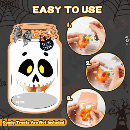 TICIAGA 48set Halloween Treat Bag Fillers with Gift Cards Happy Halloween Mason Jar Candy Holder for Kids DIY Halloween Skull Black Cat Candy Card Gifts Happy Halloween Trick or Treat Party Favors