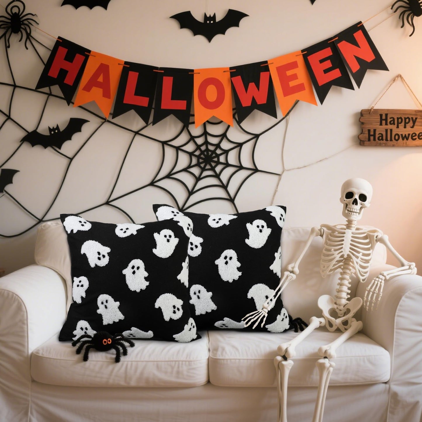2PCS Halloween Pillow Covers 18 x 18 Inch White Ghost Throw Pillow Cases 3D Embroidered Cushion Covers Halloween Black Decorative Pillowcases for Sofa Couch Bed Living Room Home Indoor Outdoor Decor