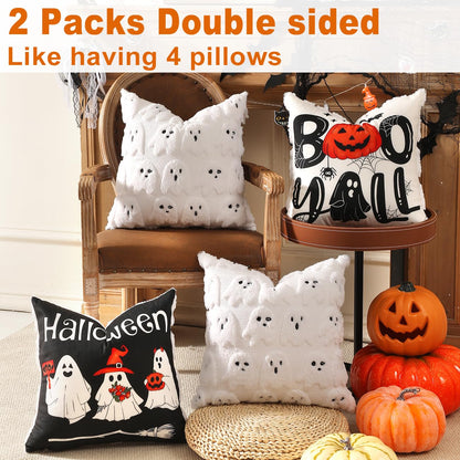 TOYPOPOR Halloween Decorations, 2 Packs Double Sided Ghost Pillow Covers, Soft Faux Fur Throw Pillow Cases, Indoor Outdoor Couch Cushion Case for Fall Autumn Bedroom Living Room Home Decor 18''x18''