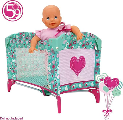 509 Crew: Mint Heart - Dream n' Fun Doll Play Yard - Pink & Green, Portable Sleep Crib, Storage Pockets, Toys-Dolls-Stuffed Animals Accessory, Kids 3+