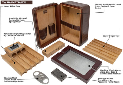 Prestige Import Group Manhattan XL Travel Cigar Humidor Case Set (Hygrometer, Ashtray, Cutter, Lighter, Humidifier) - Brown