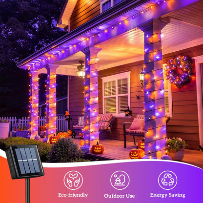 QITONG Orange and Purple Solar String Lights, 2 Pack Each 66ft 200 LED Halloween String Lights Outdoor Waterproof, 8 Modes Christmas Solar Twinkle Lights for Halloween Decor