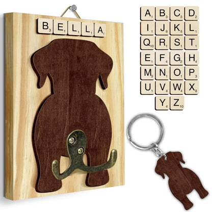 Labrador Retriever Dog Leash Holder Wall Mount with Scrabble Letters, Wooden Dog Wall Hook Organizer, Pet Collar and Harness Holder Entryway, Key Hook & Leash Rack, Home Decor for Pet Lovers PF297-48