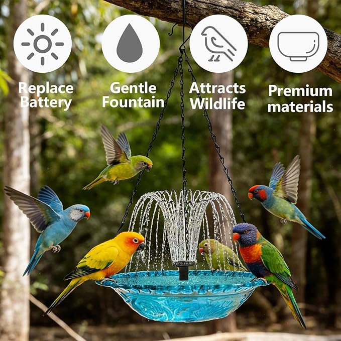 Hanging Solar Bird Bath Fountain with Solars Pump & Bowl & Chains Large Humming Solar Water Fountains with Flowing Water for Outdoor Garden Backyard Patio Lawn(Purple)