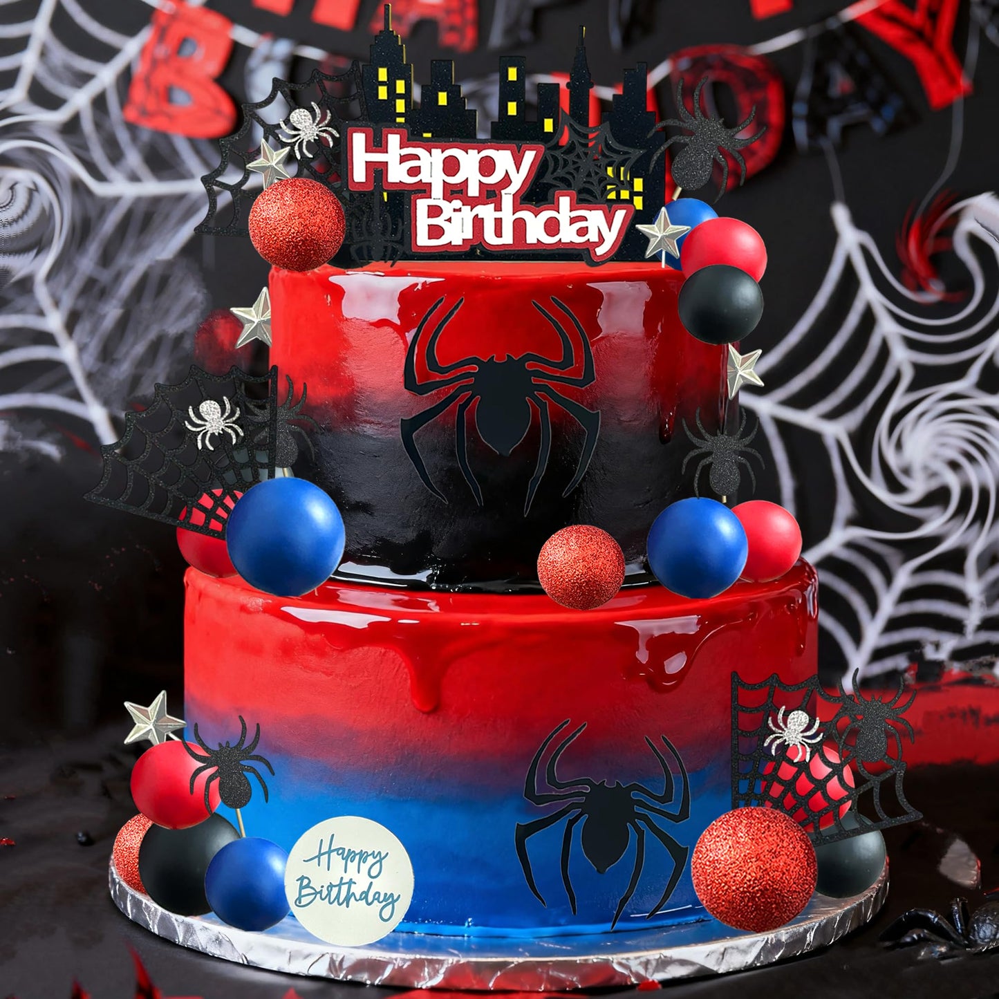 Tyotrbs 44PCS Spider Cake Topper Spider Web Cake Decoration Spiders Theme Cake Decor Happy Birthday Toppers Stars Red Blue Balls Cupcake Topper for Boys Men Baby Shower Hero Party Supplies