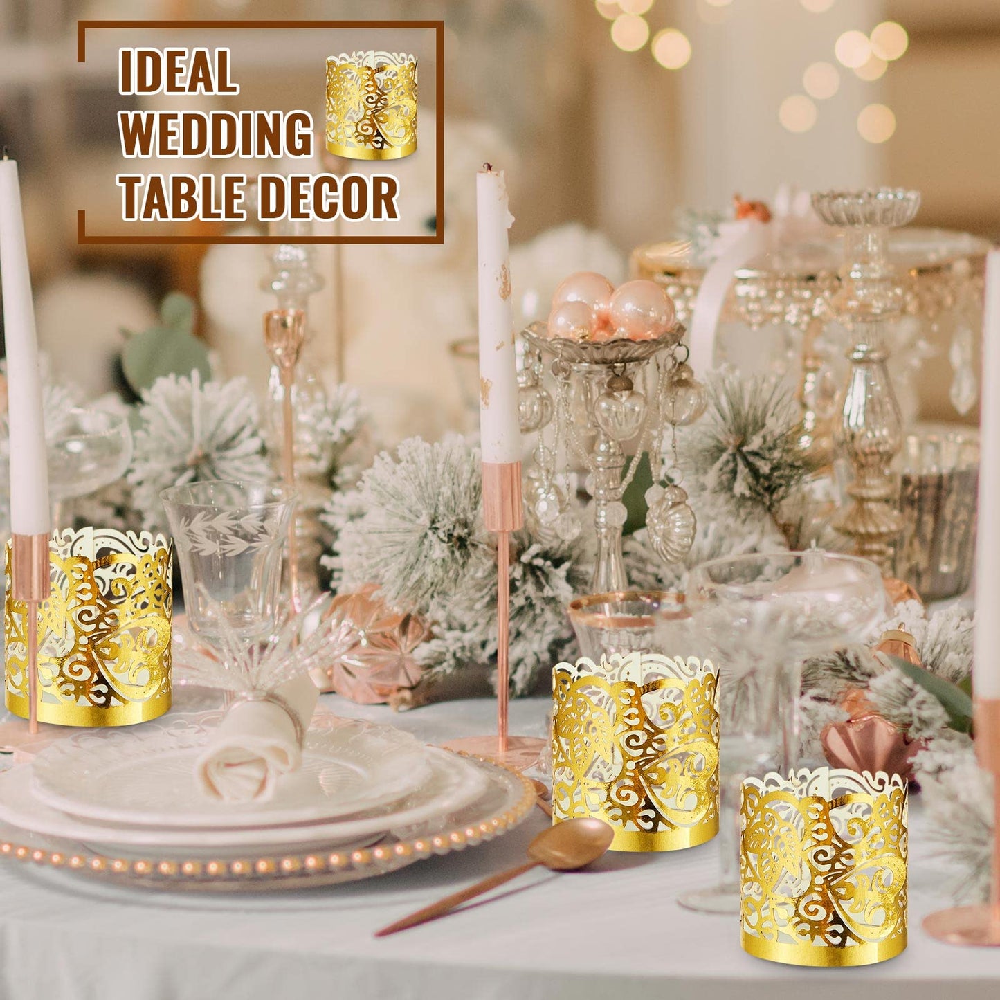Tealight Votive Wrap Votive Candle Holders Laser Cutting Paper Candle Holder for Table LED Tealight Decor Party Wedding (Gold,100 Pieces)