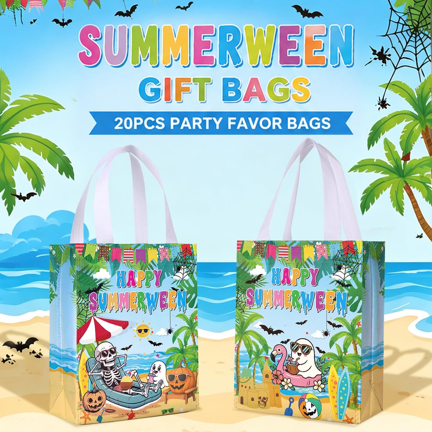 Ertyjikg 20PCS Summerween Gift Bags - Happy Summerween Decorations, Non-Woven Reusable Goodie Favor Bags for Halloween In Summer Party Supplies