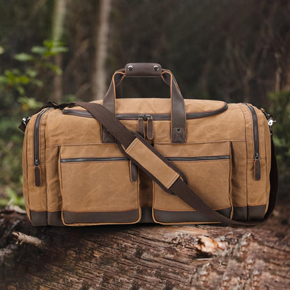 Polare 26” Waxed Canvas Cowhide Leather Waterproof Travel Duffel Bag Trim Luggage Weekender Overnight Carry on Hand Bag (Brown-26")