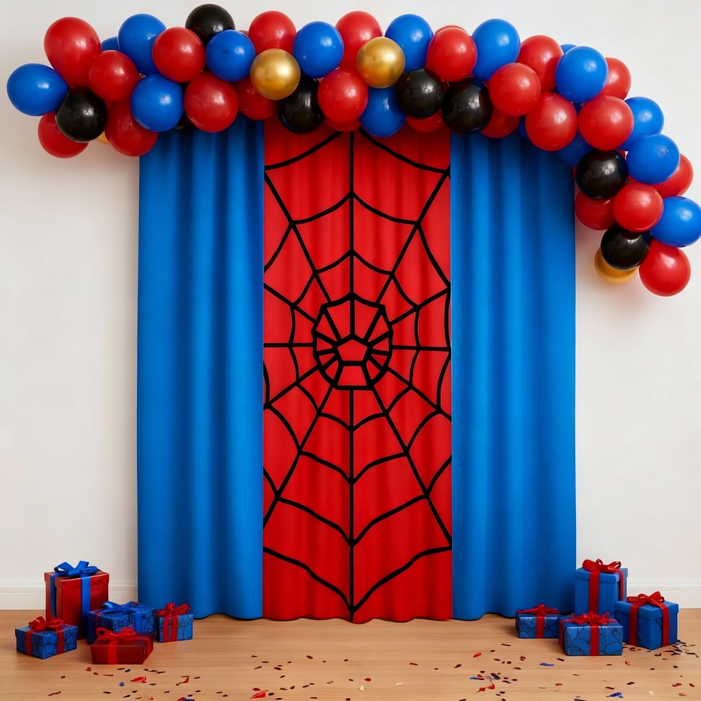 Boao 3 Pcs Spider Backdrop Birthday Decoration Spider Web Curtains 6.6 x 3.9 ft Photo Banner Window Decor for Party Photography Background Photo Props(Red and Blue Splicing)