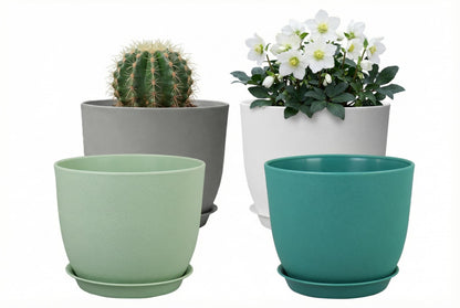 XQSHPDM 8 Inch Plant Pots Set of 4, Plastic Planters with Drainage Holes and Tray, Flower Pots for Indoor Outdoor Plants and Flowers (Multicolor)