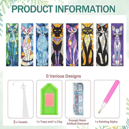 8 Pcs Cat Diamond Art Bookmarks Kit, 5D DIY Diamond Painting Bookmarks for Adults & Beginners, Stained Glass Cat Design Arts and Crafts