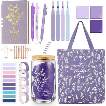 Singhoow 29 Pcs Bible Journaling Supplies Kit 16 oz Glass Cup Canvas Bag Leather Notebook Highlighters Pens Sticky Note Tapes Bible Study Supplies for Women Sunday School Teacher(Boho, Purple)