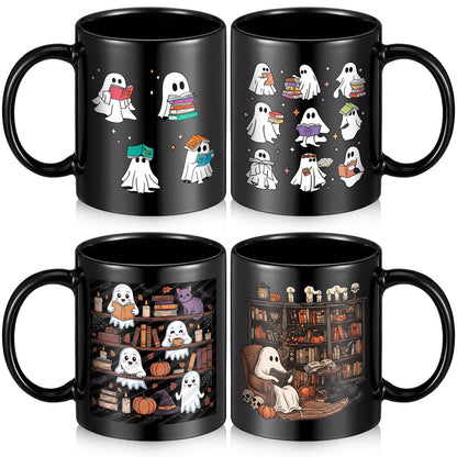 Potchen 4 Pack 12 oz Halloween Coffee Mug Book Lover Coffee Mugs Dishwasher Microwave Safe Porcelain Bookworm Cups Bookish Gifts for Man Women(Ghost Style)