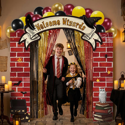 JewGewenil Wizard School Theme Party Banners - 25Pcs Black Red Gold Foil Fringe Backdrop Curtains and Balloon Decoration Set, Magic Inspired Design for Classroom Birthday Photo Booth (Welcome Wizard)