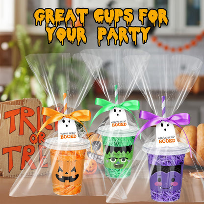 Jingmore 24 Sets 12 oz Halloween Gifts Cups Set Halloween Goodie Candy Bags with Card Ribbon and OPP Bags Disposable Plastic Clear Cups with Lids and Paper Straws for Treat Party Favor Supplies