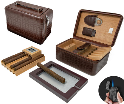 Prestige Import Group Manhattan XL Travel Cigar Humidor Case Set (Hygrometer, Ashtray, Cutter, Lighter, Humidifier) - Brown