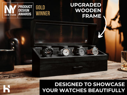 Premium 4 Slot Watch Box for Men (2026 Upgraded) – Wooden Watch Display Case with Hinged Wood Cover, Leather Lining & Drawer – Watch Organizer Stand – Handcrafted Luxury Father's Day Present for Men