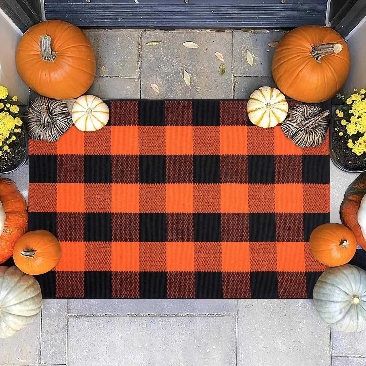 PIXFAIRY Cotton Orange and Black Plaid Rug - 27.5 x 43 Inches, Hand-Woven Indoor/Outdoor Layered Cotton Blend Buffalo Plaid Rug, Washable Front Door Mat, Perfect for Porch, Living Room, Entryway