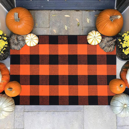 PIXFAIRY Cotton Orange and Black Plaid Rug - 27.5 x 43 Inches, Hand-Woven Indoor/Outdoor Layered Cotton Blend Buffalo Plaid Rug, Washable Front Door Mat, Perfect for Porch, Living Room, Entryway