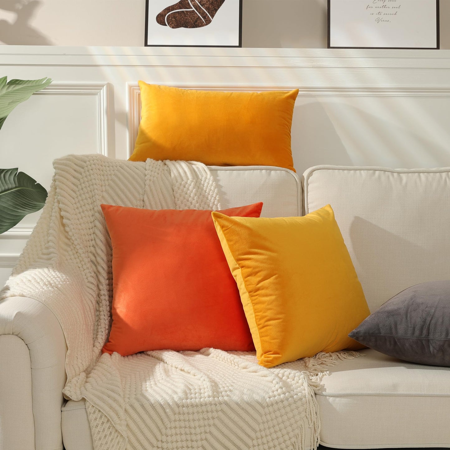 Stellhome Soft Fall Velvet Throw Pillow Covers Square Halloween Decorative Cushion Covers for Bed Couch Sofa Bench, 18 x 18 inch (45 x 45 cm), Orange, Pack of 2