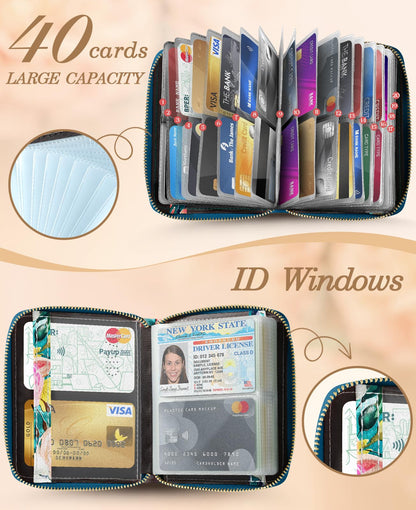 Bistup 【40 Slots Credit Card Holder for Women Girls Cute RFID Blocking Card Organizer Leather Cardholder Protector for Lady Female Large Capacity Size Big Zipper Wallet Flower Luxury Aesthetic Unique