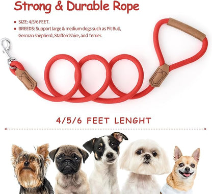 Mile High Life Leather Dog Leash, Heavy Duty Strong Genuine Leather Handle Rope Leash Soft and Comfortable for Small Medium Large Dogs (Red, 48 Inch)