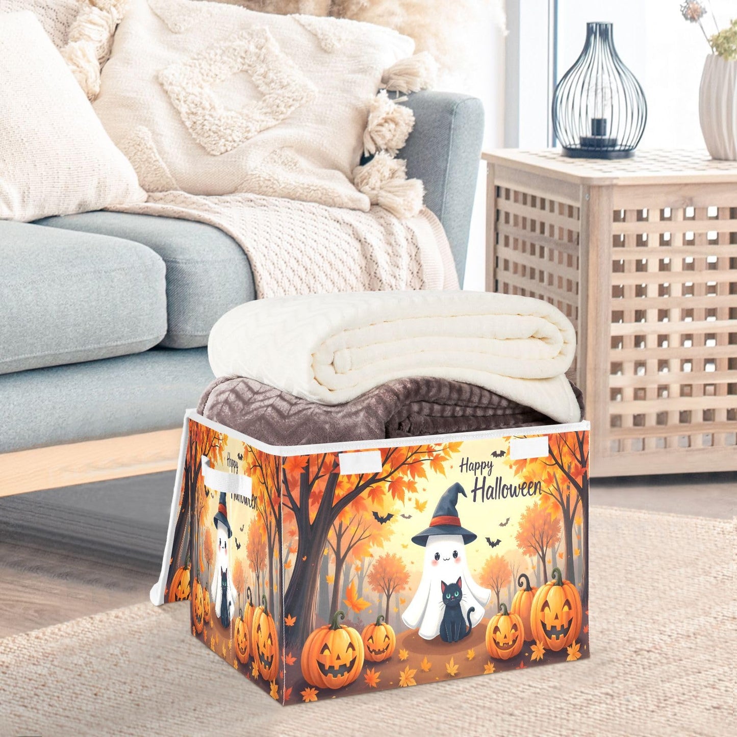Bolaz Storage Bins with Lids and Handles,Maple Leaves Ghost Pumpkin Storage Box Basket with Cover Collapsible Organizer Containers for Home Closet, Shelves