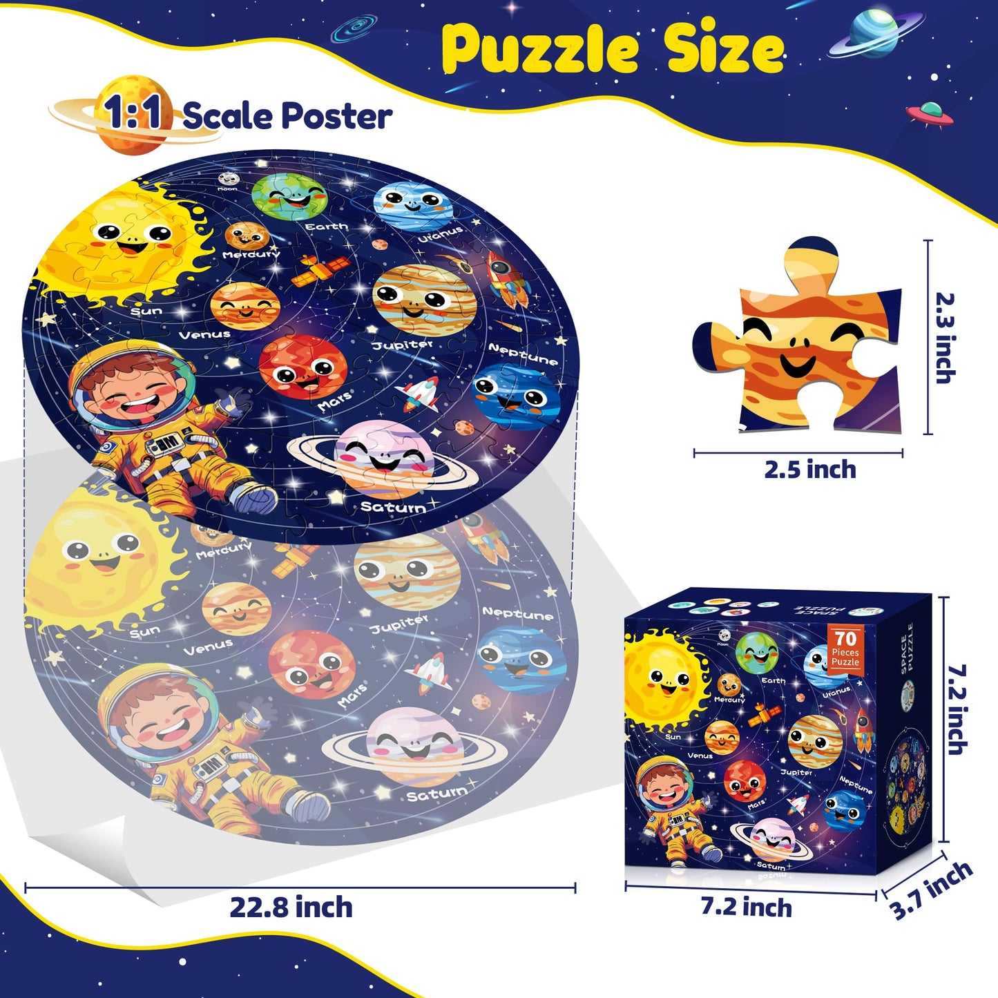 ZIZZ Puzzle for Kids Ages 4-6: Glow in The Dark Solar System Jigsaw Puzzles 70 Piece Space Planets Large Floor Puzzle for Kids 3-10 Years Old Educational Toy Gift for Boys Girls Birthday Christmas
