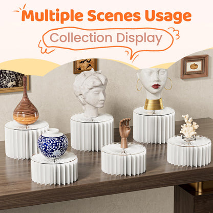 HeiMma 4 Pack Buffet Risers, FOLDABLE Accordion Food Display Risers for Dessert Table,Dessert Table Display Set, White Cardboard Cylinder Cake Cupcake Stands for Party, Multi-height, 12in Round