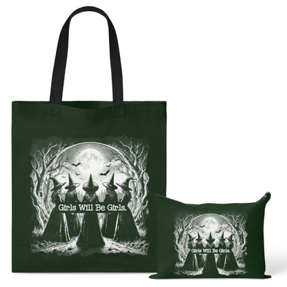 Laffact Aesthetic Witchy Canvas Bag for Women - 2Pcs Cute Girls Will Be Girls Quotes Canvas Tote Bag Makeup Pouch, Funny Black Magic Witch Reusable Grocery Shopping Handbag Gift for Halloween Birthday