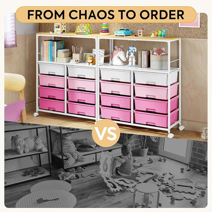 Rolling cart with 8 drawers,Storage drawer cart with wooden tabletop,Lockable wheels organizer for homeschool, arts & crafts, classroom, office & creative spaces (Pink)