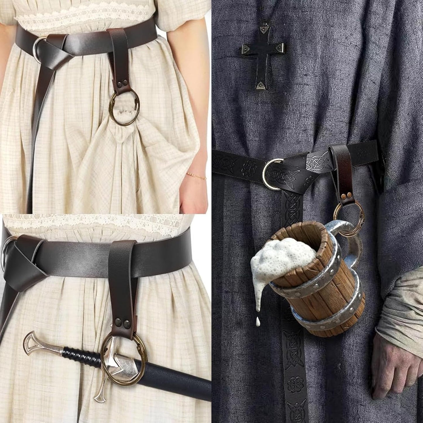 Medieval Renaissance Viking Bracer Wrist Guard, Leather Belt Pouch with Witch Bottle Vials, Festival Costume Accessory Waist Bag (Black)
