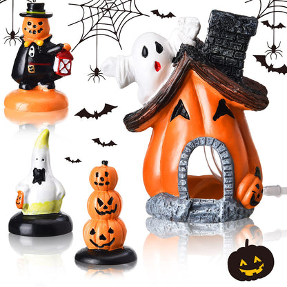 Blulu 4 Pieces Halloween Decorations for Fish Tank Miniature Figurines Indoor Outdoor Resin Ghost Pumpkin Bubble House Statue Set Halloween Ornament Garden Decor