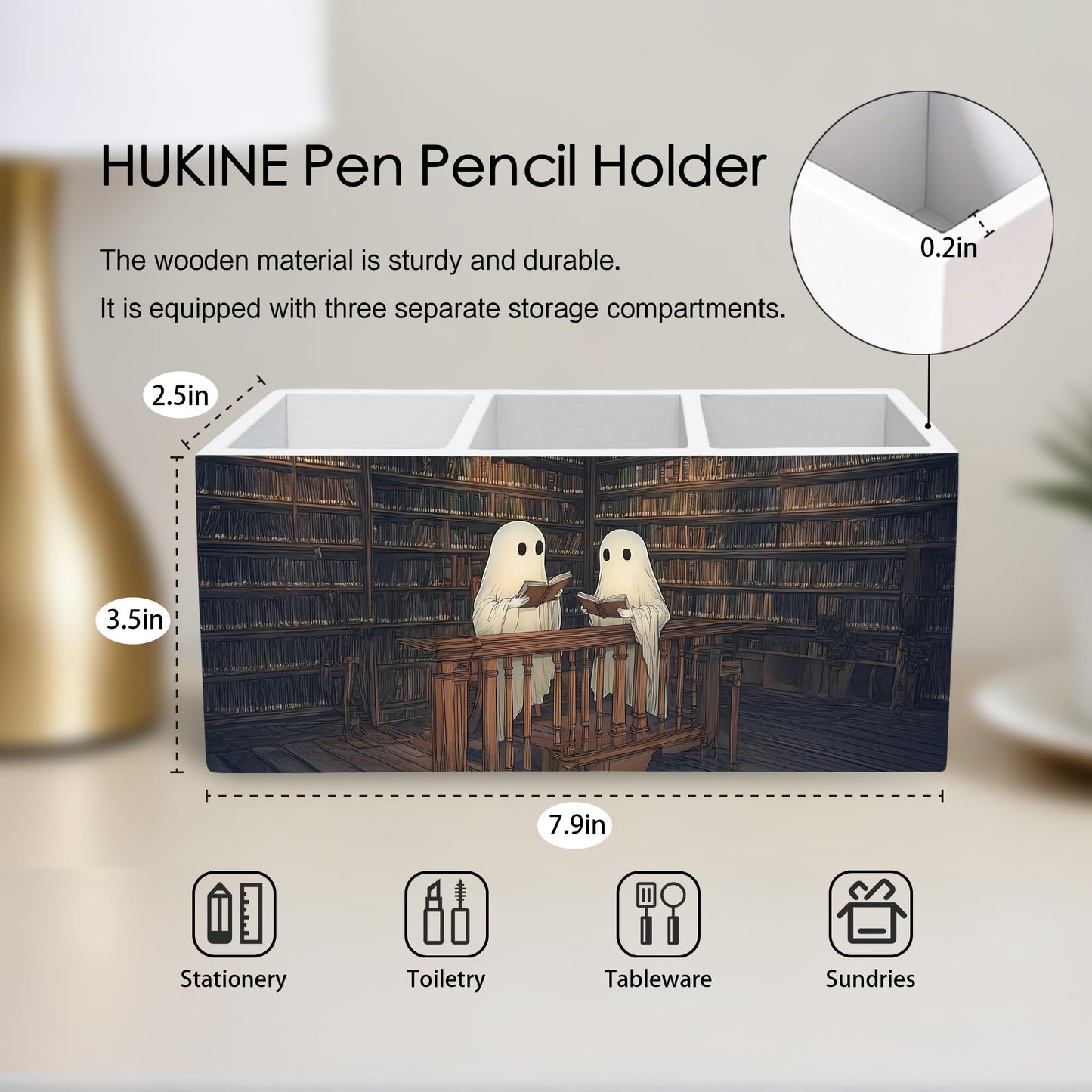 HUKINE Gothic Ghost Bookish Pen Holder for Desk Decoration, Spooky Ghost Reading Book Wooden Box Sign Pencil Holder Organizer for Home Office Desk Accessories, Book Lover Gifts