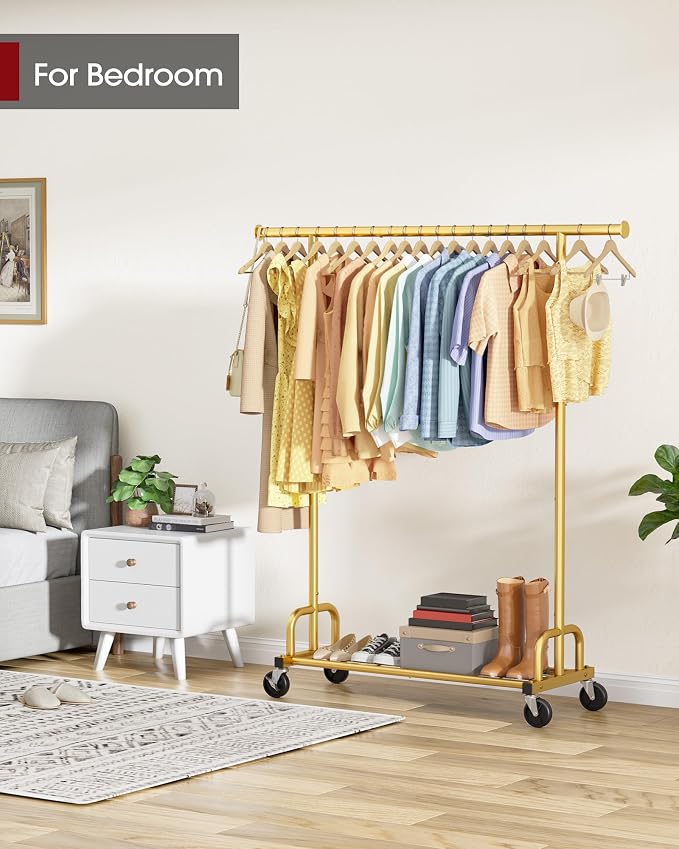Sakugi Clothes Rack - Large-Capacity Clothing Racks for Hanging Clothes with Lockable Wheels, Space-Saving Metal Coat Rack for Bedroom, Laundry Room, Entryway, 45.6" x 16.9" x 59", Gold