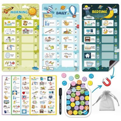 JJPRO Magnetic Bedtime/Morning/Daily Routine Chart for Kids with Reward Jar-Bedtime Checklist Toddler Reward Jar,Magnetic Chore Chart for Kids,Daily Routine Reward Chart -Outer Space