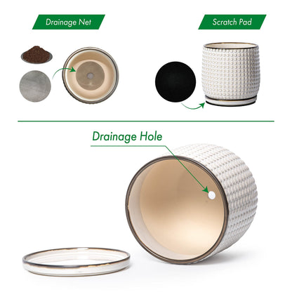 D'vine Dev Set of 2 Ceramic Plants Pots, 4 Inch Beaded Stoneware Flower Pot for Plants with Drainage Hole and Saucer, Smoked White, 27-E-Z-1