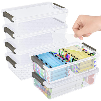GEOPHIA 6 Pack Extra Large Pencil Box with Removable Divider, Thickened Pencil Case Bulk, Clear Crayon Marker Organizer Stackable Plastic Small Storage Containers for Pen Craft School Supplies(Grey)