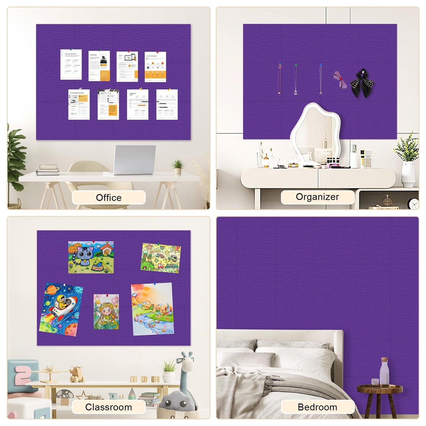 AKONEGE Felt Bulletin Board Tiles 12 Pack, 48" x 36" Cork Board Alternative, DIY Pin Board Wall Tiles for Photo Wall, Vision Board, Dorm Room & Home Office Decor, Stick-On with Adhesive Tabs, Violet