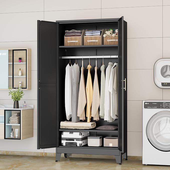 erosoei 71 "Metal Armoire Wardrobe Closet, Steel Clothing Storage Cabinet with Adjustable Shelves and Hanging Rod, Household Steel Wardrobe Storage Cabinet with Adjustable Standing feet（Black）