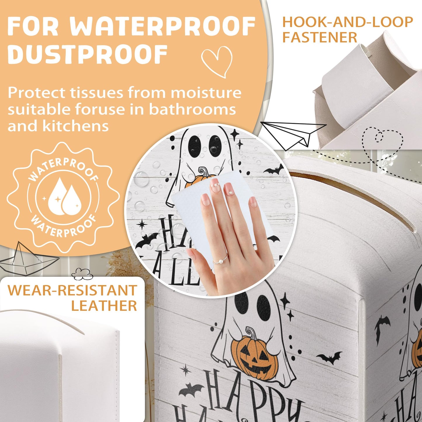 Happy Halloween Tissue Box Holder, Ghost Pumpkin Leather Tissue Box Cover Square, Cute Facial Paper Organizer Dispenser Toilet Paper Holder Decor for Bathroom Kitchen Office Home Accessory-A03