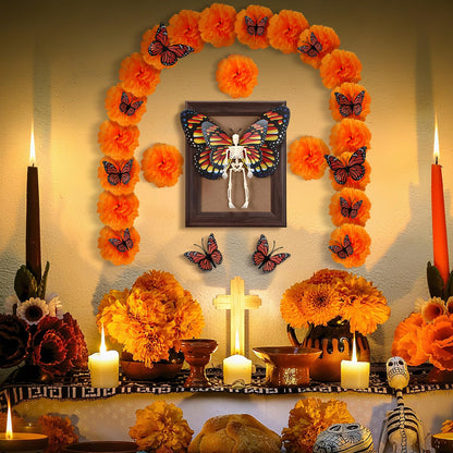Simgoing 55 Pcs Day of The Dead Altar Decor Kit Dia De Los Muertos Ofrendas Wall Decorations 40 Marigold Flowers, 13 Monarch Butterfly, Skeleton, Photo Frame Indian Diwali Altar Remembrance Supplies